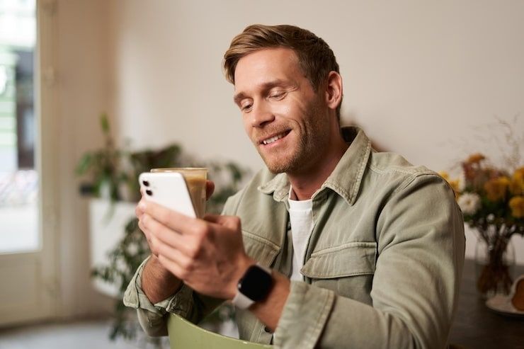 Leende man tittar på sin smartphone i en ljus hemmiljö