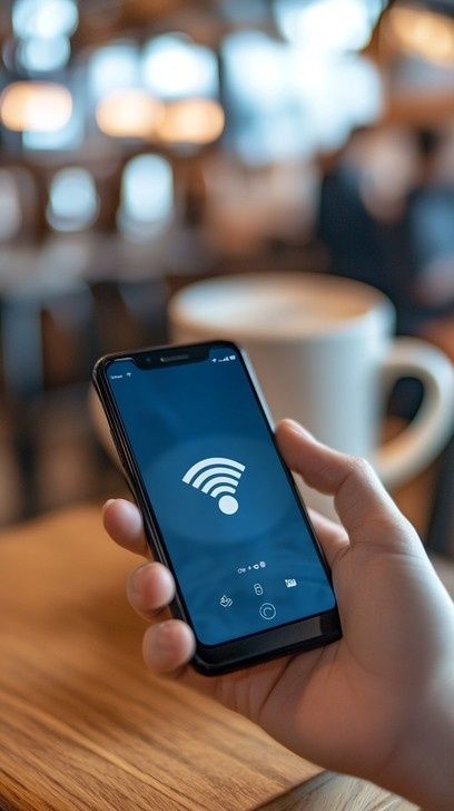 Hand håller en smartphone med Wi-Fi-symbol på ett kafé